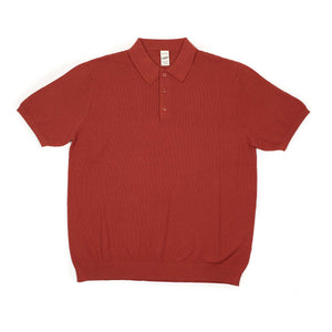 Knit short sleeve polo in brick red mini diamond pattern cotton