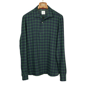 Green and blue check cotton popover shirt, one-piece Miami collar (restock)