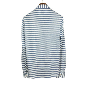 Long-sleeve polo shirt in blue horizontal bengal stripe cotton linen (restock)