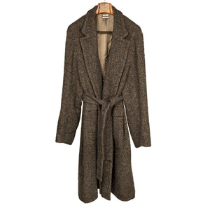 Belted robe coat in mixed brown wool boucle