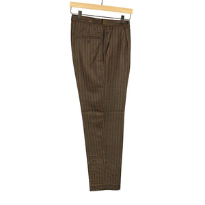 Side tab trousers in brown and grey striped wool twill