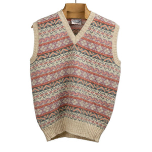 Fair Isle v-neck sweater vest, ecru, mauve, green