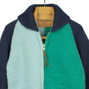 Exclusive hand-knit color-blocked Cowichan cardigan in shades of blue,  6-ply wool