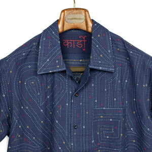 Chintan camp shirt in indigo cotton with allover Kantha hand embroidery