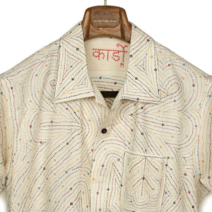 Chintan camp shirt in natural cotton with all-over Kantha hand embroidery
