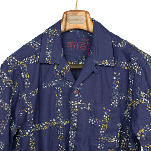Ronen camp collar shirt in indigo khadi cotton with geometric embroidery