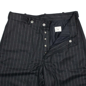 "Pat-a-Cake Pants" in navy chalk stripe wool and cashmere flannel