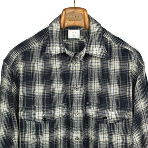 "The Shell Collector" field shirt jacket in navy and ecru check cotton and wool flannel
