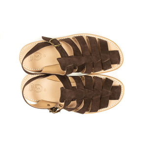 Exclusive Jerome sandals in chocolate brown suede with gum sole