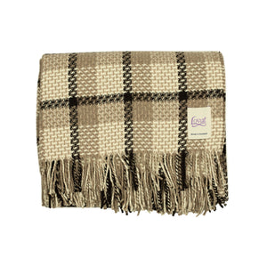 "Coorie Doon" throw blanket in coffee, cream, and mocha country plaid lambswool