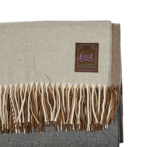 "Misty Plaid" throw blanket in dove grey, brown, and charcoal cashmere