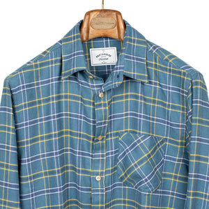 Blue water shirt in yellow, white and blue check cotton flannel