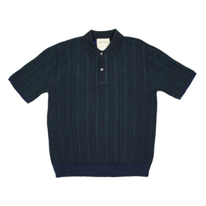 Mobil knit polo shirt in Indigo black and blue striped ribbed cotton