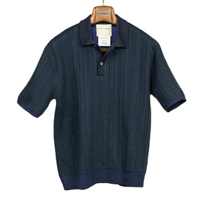 Mobil knit polo shirt in Indigo black and blue striped ribbed cotton