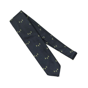 Navy silk crepe tie with mint green retro jacquard motifs