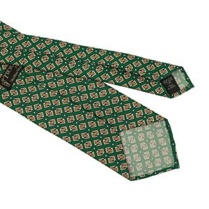 Green silk foulard tie with orange retro diamond neat print