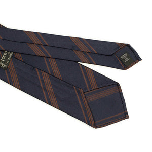 Navy silk twill tie with copper brown jacquard stripes