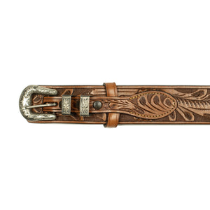 Hand tooled ranger belt in cognac leather with sterling silver buckle (restock)
