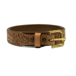 Hand tooled leather belt in cognac (restock)