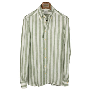 G. Inglese Green wide stripe linen shirt, Anacapri buttoned collar, buttoned one-piece collar