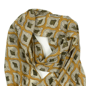 Bias cut scarf in khaki Ikat-style printed cotton