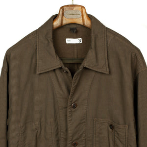Coverall shop jacket in brown and charcoal stripe stretch cotton