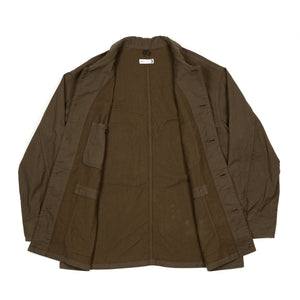 Coverall shop jacket in brown and charcoal stripe stretch cotton